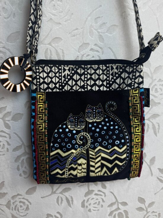 Laurel Burch Handbags - Laurel Burch Cat Print Crossbody Bag Bohemian Geometric Strap & Beaded details
